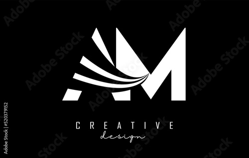 White letters AM A m logo with leading lines and road concept design. Letters with geometric design.