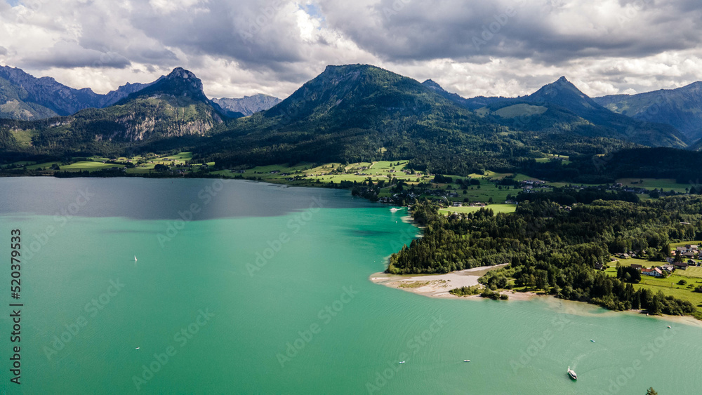 Amazing view from Schafberg by St. Sankt Wolfgang im in Salzkammergut, Haus house Schafbergspitze, lake Mondsee, Moonlake. Blue sky, alps mountains. Upper Austria, Salzburg, near Wolfgangsee, Attersee