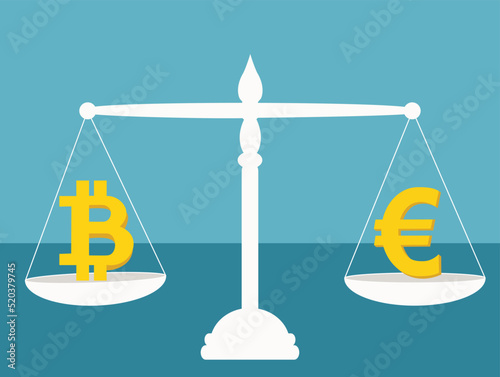 Bit coin and euro balancing Scales, currency Exchange concept,