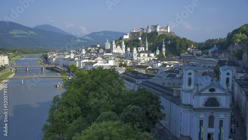 Town of Salzburg during the Salzburg Festival. View from the Alexander Humbold Terrasse turing sundown, TimeLapse Video