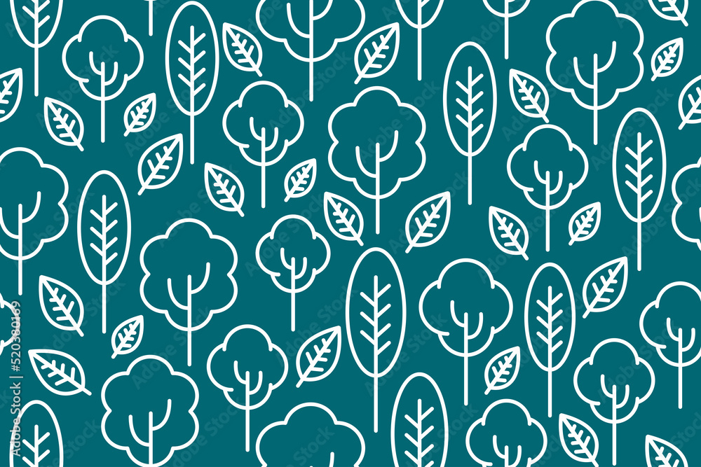 Outline forest pattern. Seamless, repeating pattern with line art leaves and trees. Nature repeating background design.