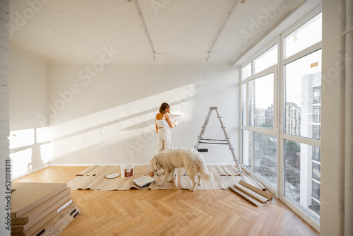 Woman with her dog paints the wall in white color, making repairment in newly purchased apartment. Repair and house renovation concept