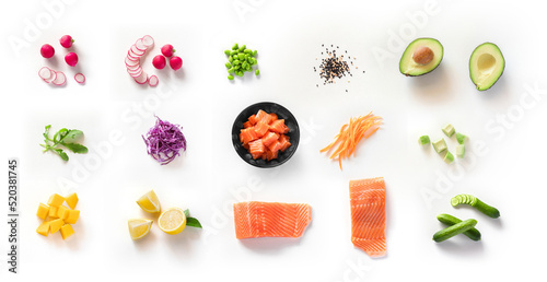set ingredient poke bowl isolated white background top view photo