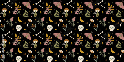 Witchcraft pattern. Dark horror background with human skull, mushroom, mystical mouth, flower moon seamless print. Witch hand drawn symbol Black spooky Halloween vector illustration, horror wallpaper.