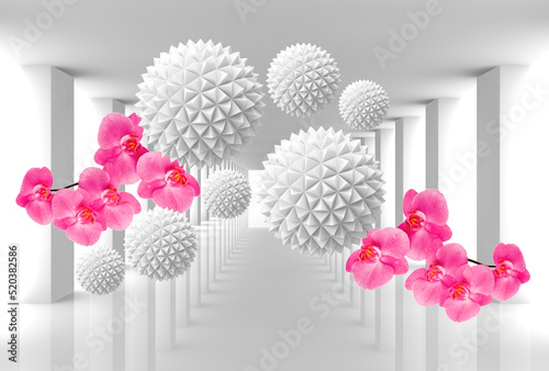 Fototapeta Naklejka Na Ścianę i Meble -  A tunnel with balloons and orchids. 3d image. 3d photo wallpapers. Digital mural.