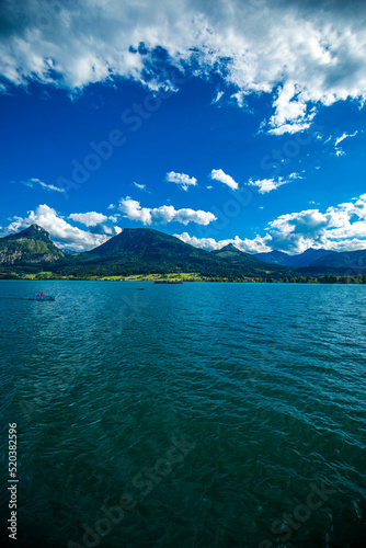 Amazing view from Schafberg by St. Sankt Wolfgang im in Salzkammergut, Haus house Schafbergspitze, lake Mondsee, Moonlake. Blue sky, alps mountains. Upper Austria, Salzburg, near Wolfgangsee, Attersee