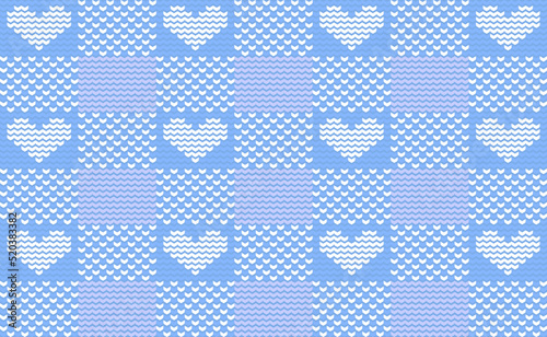 White Heart Knit Pattern Vector, Blue Embroidery Crochet Background, Cross Stitch texture