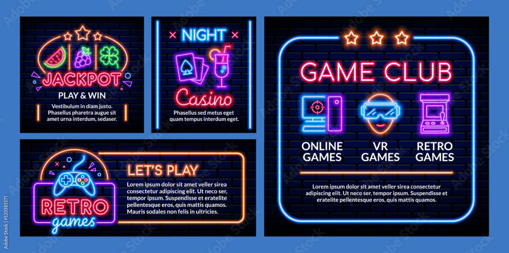 Video game or casino flyer. Neon posters for gamer room. Night playing area art concept. Gambling signs and borders on brick wall. VR or gamble club signboards set. Vector logo template