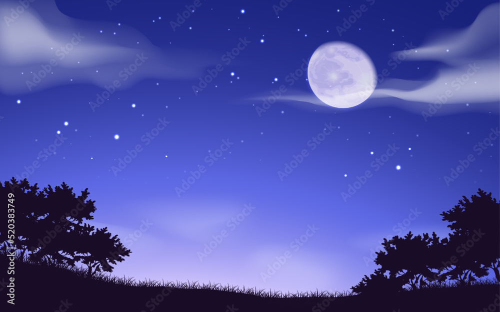 Fototapeta premium Blue night sky background. Cloud and star in summer dusk. Starry light on black horizon. Deep dark celestial panorama. Nature landscape. Scenic skyline and moonlight. Vector background