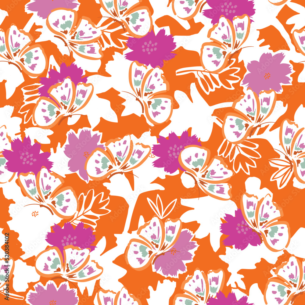 Flying Butterflies Layer on silhouette Flowers ,leaves Seamless pattern Vector illustration Flying Butterflies Layer on silhouette Flowers ,leaves Seamless pattern Vector illustration