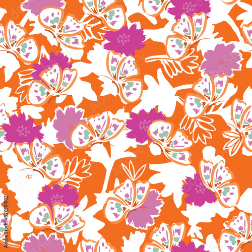 Flying Butterflies Layer on silhouette  Flowers  leaves Seamless pattern Vector illustration