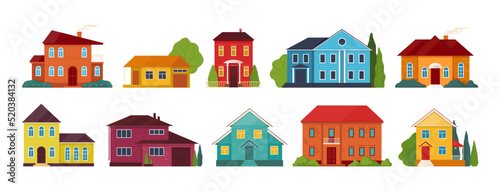 Home exterior. Front of flat building with roof, urban or countryside apartments, residence or townhouse, neighbourhood in village. Real estate collection. Vector cartoon isolated icons