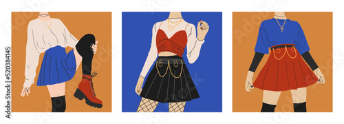 Fashion girls in stylish clothes. A set of posters, fashionable youth images in grunge style. Vector illustration in a flat style. Avatar icon.