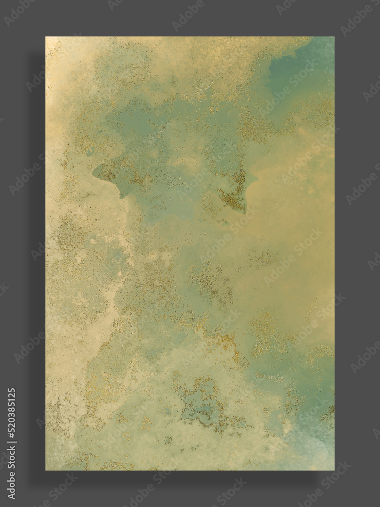 Luxury dark green and gold textured cover. Beautiful painting green and gold glitter template. Watercolor alcohol ink splash hand painted design. template for invitation, greeting card or wedding.