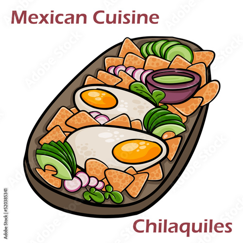 Mexican green chilaquiles with fried egg, chicken and spicy sauce. Traditional breakfast in Mexico