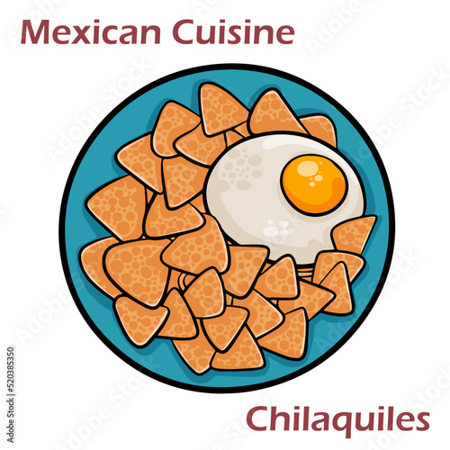 Mexican green chilaquiles with fried egg, chicken and spicy sauce. Traditional breakfast in Mexico