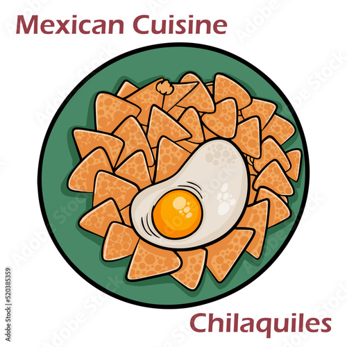 Mexican green chilaquiles with fried egg, chicken and spicy sauce. Traditional breakfast in Mexico
