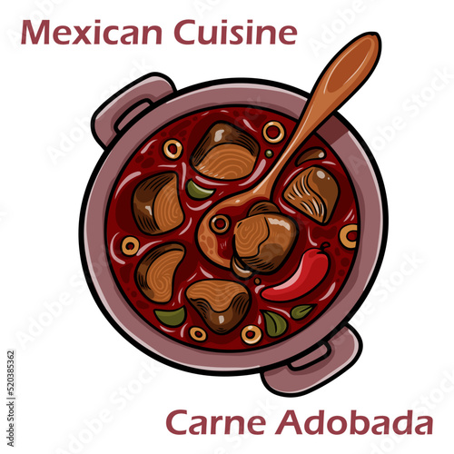 Carne Adobada in a clay bowl. Traditional gastronomy of Mexico