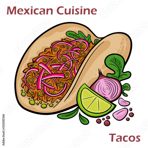 Mexican tacos with beef, tomatoes, avocado, chilli and onions isolated on white background.