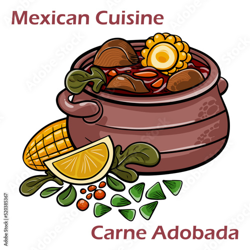 Carne Adobada in a clay bowl. Traditional gastronomy of Mexico