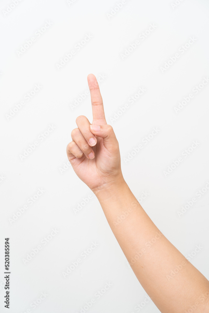 Women hand pointing on white background Women hand pointing on white background