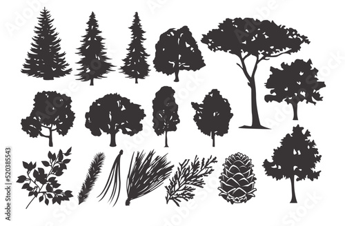Set of vector black and white illustrations trees 