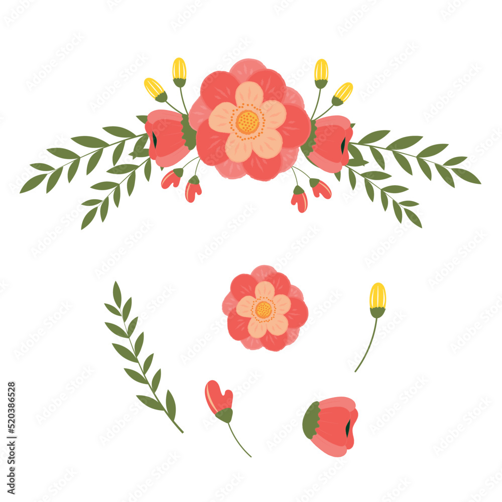 Set of elements of flowers and leaves for your design. Vector illustration.