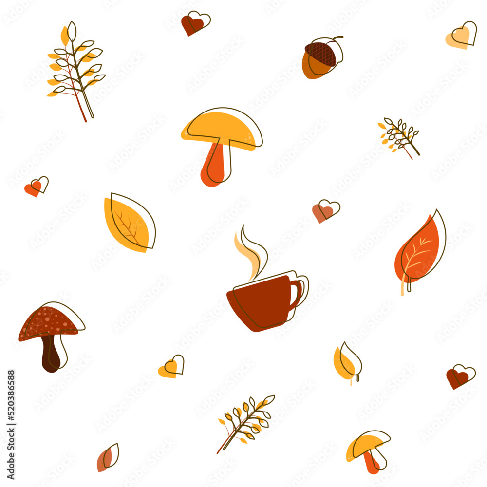 Simple white autumn background with fall elements and lines. Repeated pattern. Autumn leaves, mushrooms, hearts, hot coffee. For wallpaper, gift paper, pattern fills, fall greeting cards.
