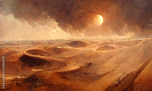 lifeless  desert world on distant planet, sand storm shield the sun, digital abstract art