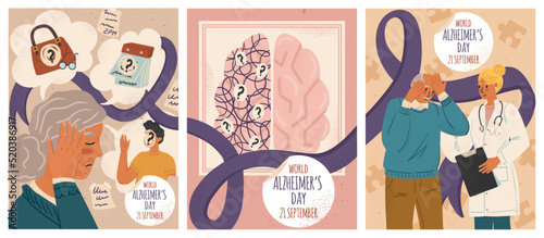 World Alzheimer day vector posters set. Old woman suffering from memory loss. Senior people with dementia or Alzheimer disease. Doctor helps old man with brain problems
