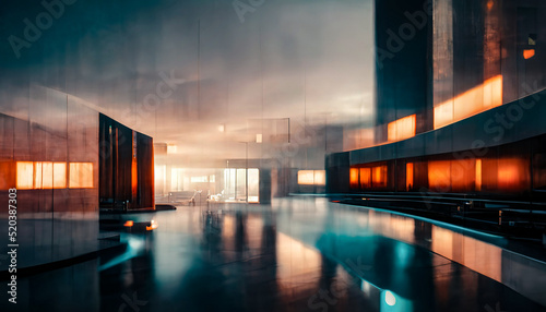 Abstract city of the future. Strict futuristic building, street. 3D illustration.