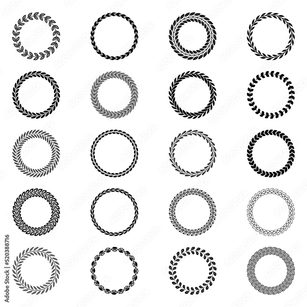 Set of vector wreaths with leaves, collection of hand drawn laurel wreaths and branches, laurel wreaths, swirls, twigs and floral decorations.