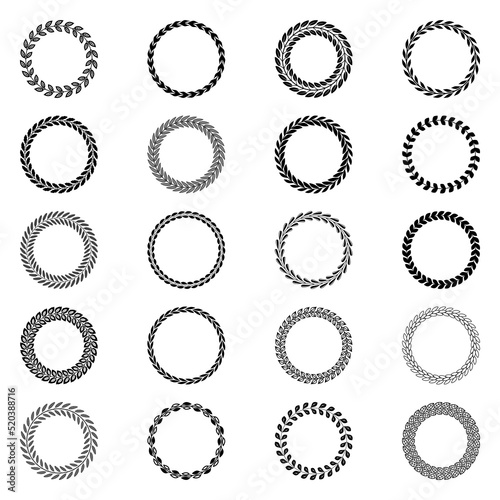 Set of vector wreaths with leaves, collection of hand drawn laurel wreaths and branches, laurel wreaths, swirls, twigs and floral decorations.