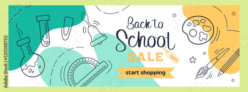 Back to school. Bright horizontal modern banner in sketch style and pastel colors. Attributes for chemistry and drawing, school bell. For advertising banner, website, sale flyer.