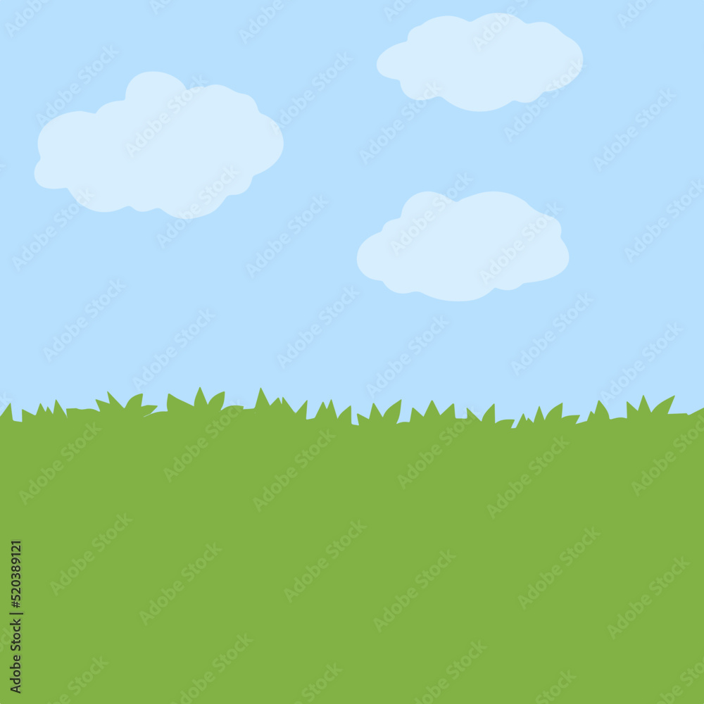 Green field with grass. Lawn with bushes and sky. Background for nature