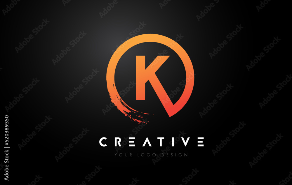 Orange K Circular Letter Logo with Circle Brush Design and Black Background. Orange K Circular Letter Logo with Circle Brush Design and Black Background.