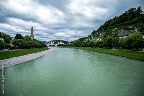 Salzburg skyline with river Salzach, Salzburger Land, Austria, cloudy day photo