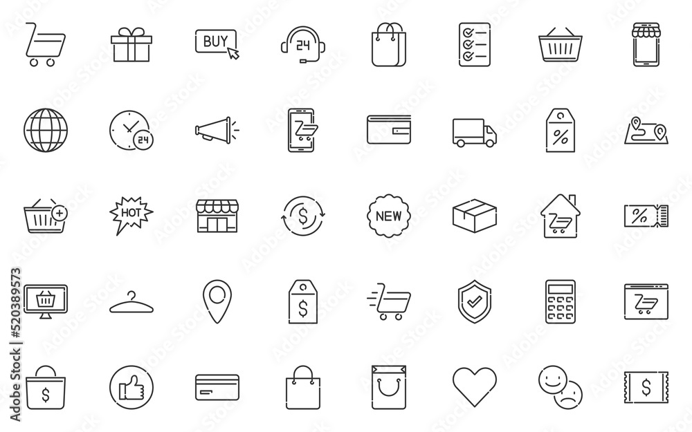 set of online shopping line icons, store, marketing