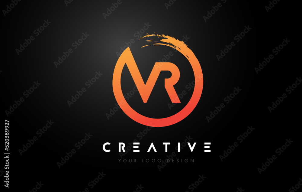Orange VR Circular Letter Logo with Circle Brush Design and Black Background. Orange VR Circular Letter Logo with Circle Brush Design and Black Background.