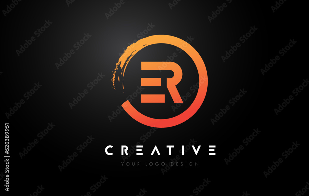 Orange ER Circular Letter Logo with Circle Brush Design and Black Background. Orange ER Circular Letter Logo with Circle Brush Design and Black Background.