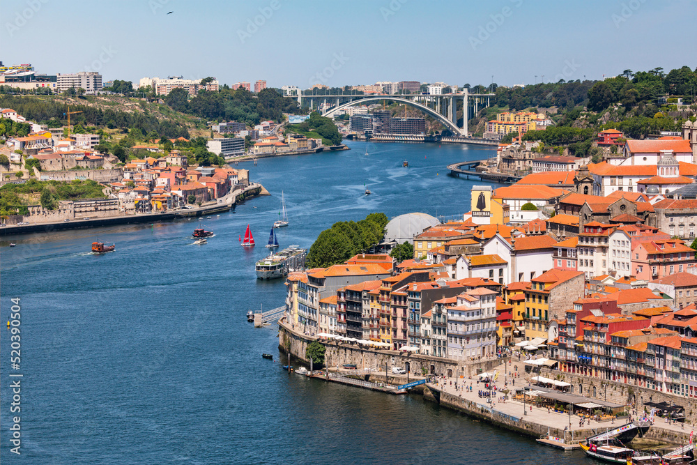 Panoramic view of the center of Porto as well as the Douro riverbank and the Ponte da Arrabida, Portugal