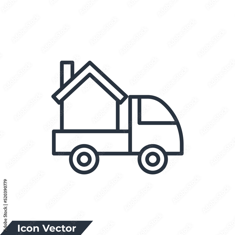 moving home icon logo vector illustration. Home delivery truck symbol template for graphic and web design collection