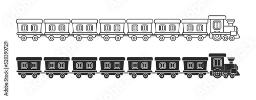 Toy trains set. Locomotives with passenger wagons. Vector outline and black illustrations isolated on white background
