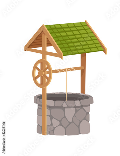 Stone well with rope and roof medieval design vector illustration isolated on white background