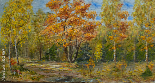 Autumn landscape with forest. Oil painting on canvas. Impressionism. © Oksava