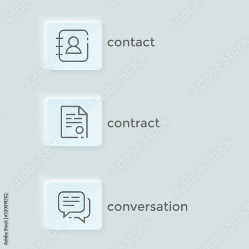Contact, Contract, Conversation neumorphic style icon, simple UI design. Neumorphic app design