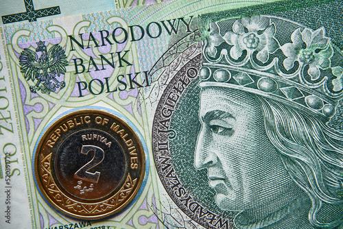 polski banknot,100 PLN, rupia malediwska, moneta, Malediwy , Polish banknote, 100 PLN, Maldivian rupee, coin, Maldives