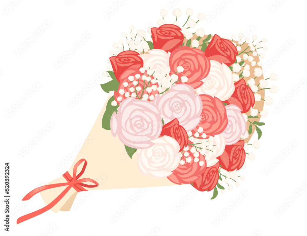 Bouquet of gypsophila flowers with rose wrapped in paper with a red ...