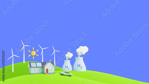 3d rendering solar panels on the roof, windmills, Hydrogen plants, and electric vehicle. Net zero concept.