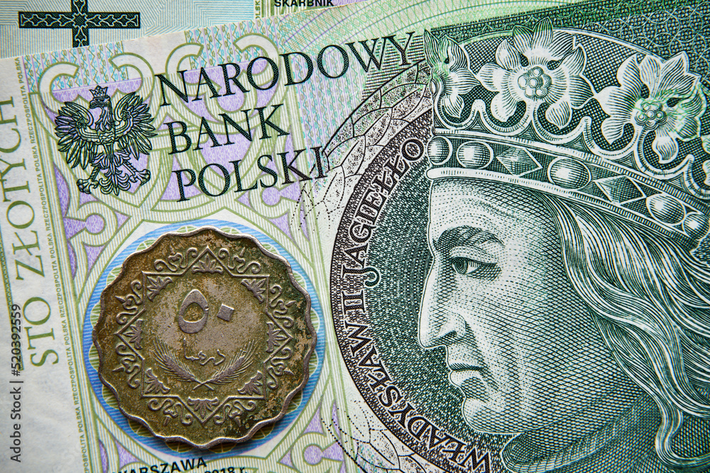 polski banknot,100 PLN, moneta libijska ,Polish banknote, 100 PLN, Libyan coin polski banknot,100 PLN, moneta libijska ,Polish banknote, 100 PLN, Libyan coin